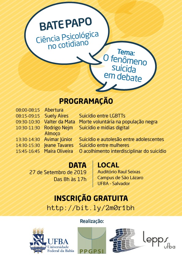 Bate-papo Ciência Psicológica no Cotidiano - 27.09.2019, 8h às17h. Tema: O fenômeno suicida em debate